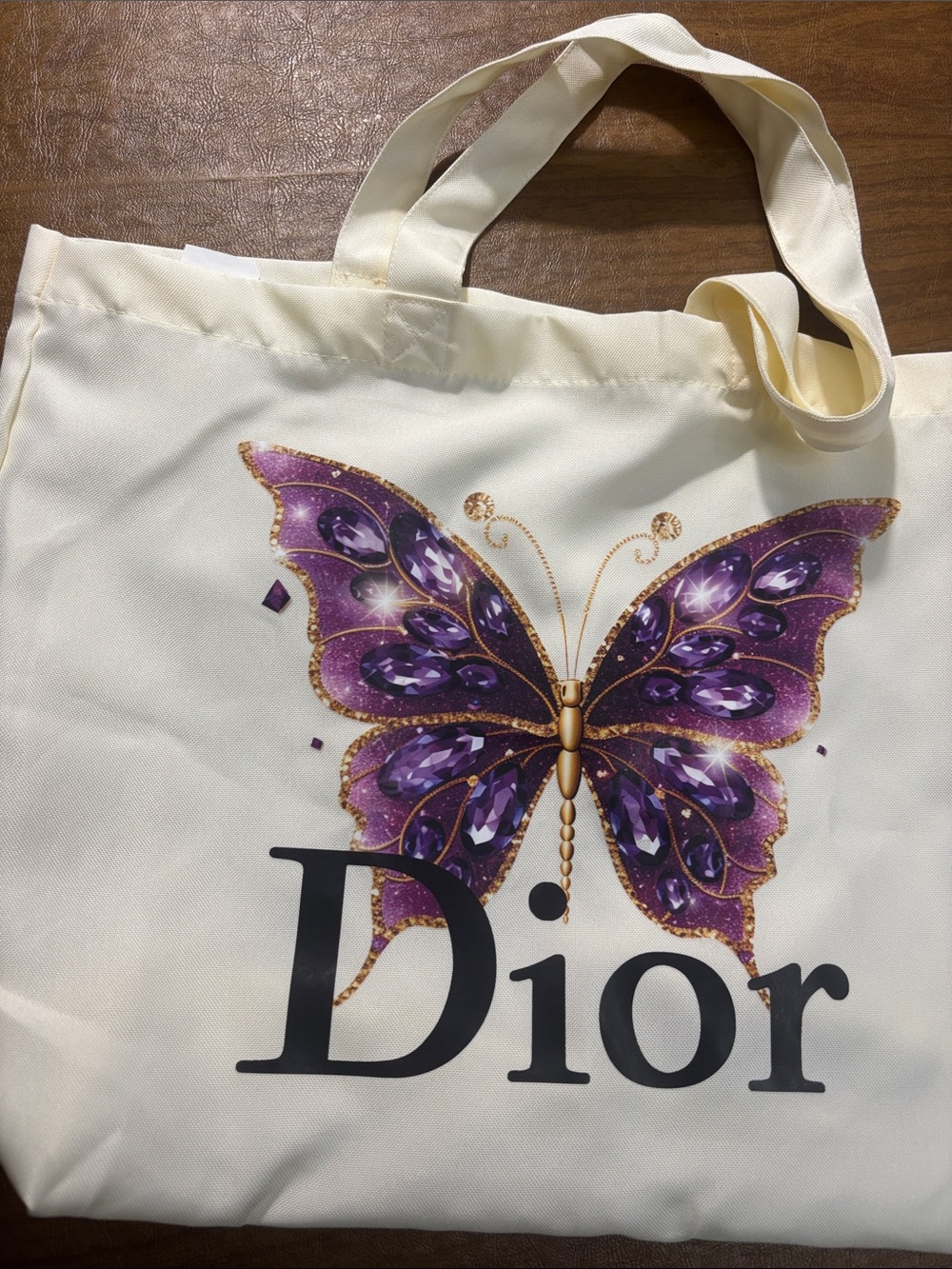Dior Cream Tote with Purple Butterfly Motif
